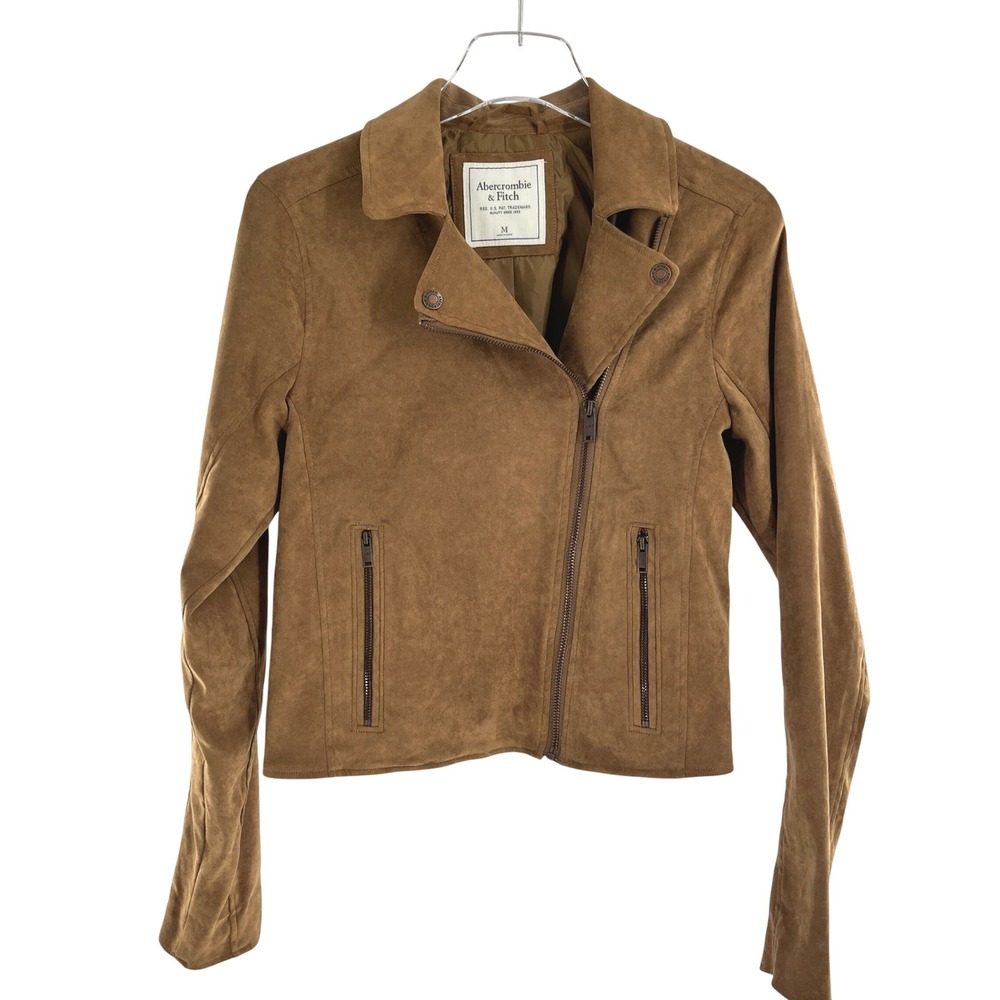 Abercrombie & Fitch Women Caramel Brown Faux Suede Moto Jacket M Asymmetric Zip